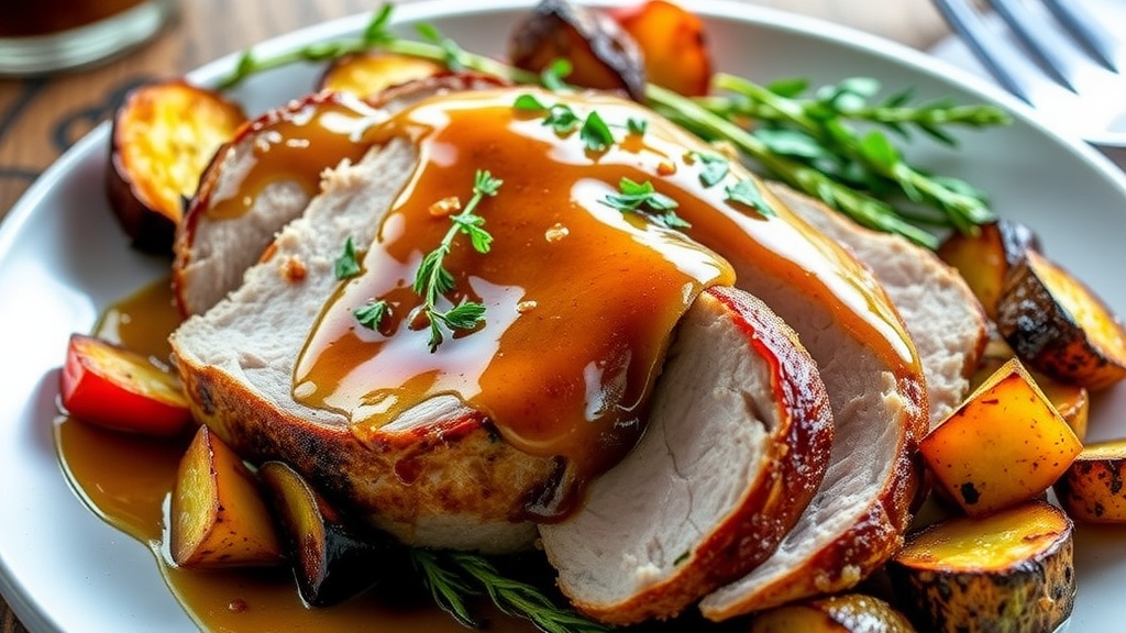 Sweet and Savory Maple Glazed Pork Recipe Sliced maple glazed pork loin on a plate, garnished with herbs and served with roasted vegetables.